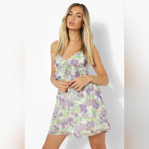BOOHOO size 6 SWING DRESS Floral Strappy Ruffle Mini Swing Dress NWT - Picture 1 of 11